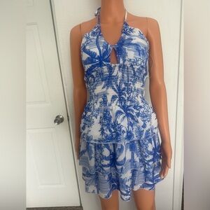 Blue & White Tropical Smocked Dress